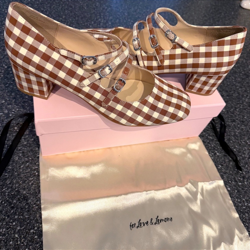 New For Love & Lemons Jolie Heels Brown Gingham Strap Mary Jane Size 38 US 8 NIB